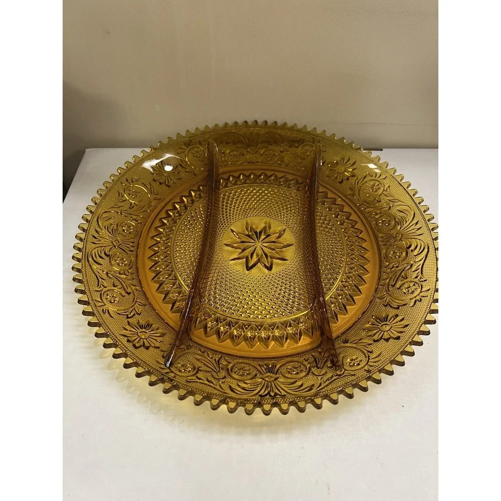 Vtg Tiara Indiana Sandwich Pattern Amber‎ Round Divided Vegetable Platter (897)